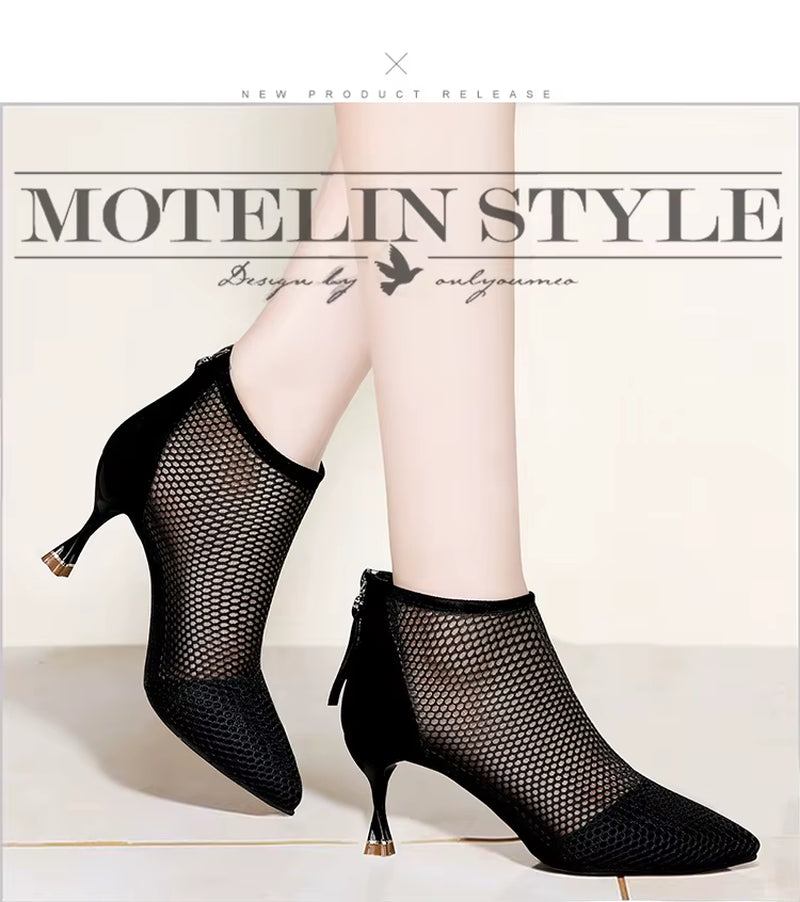 Modern Black Ballroom Dance Shoes for Women = Hollow Breathable Stiletto Hard Sole Cusp Fashion Wear