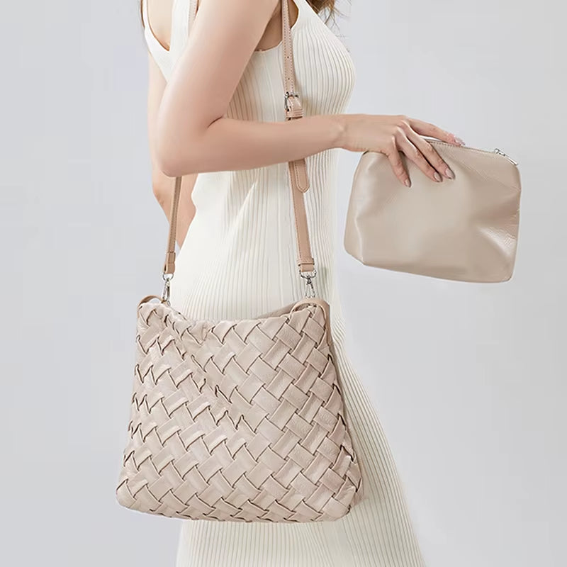 New Arrived Woven Tote Bag Women Textured Pleated Soft PU Leather Large Capacity Bags