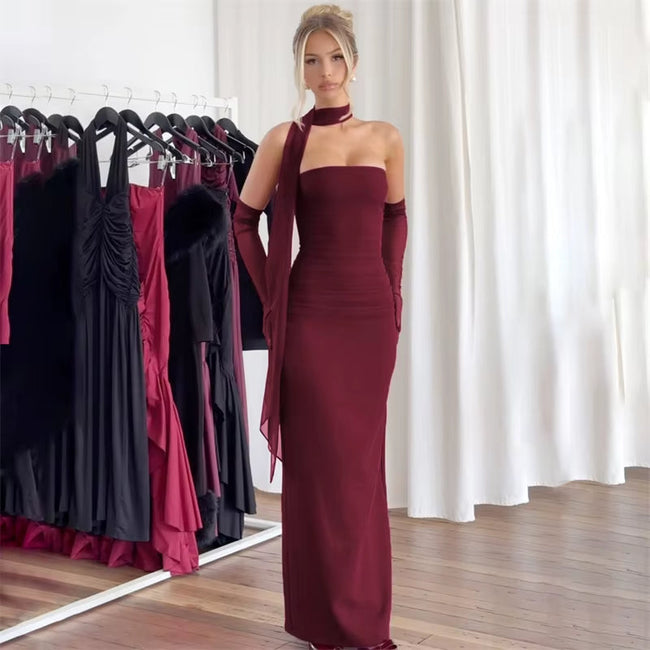 Women Party Club One Piece Wine Red Evening Dress 90S Vintage Sleeveless off Shoulder Long Dress