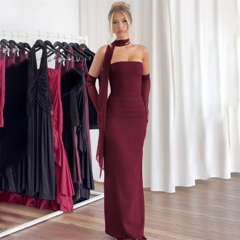 Women Party Club One Piece Wine Red Evening Dress 90S Vintage Sleeveless off Shoulder Long Dress