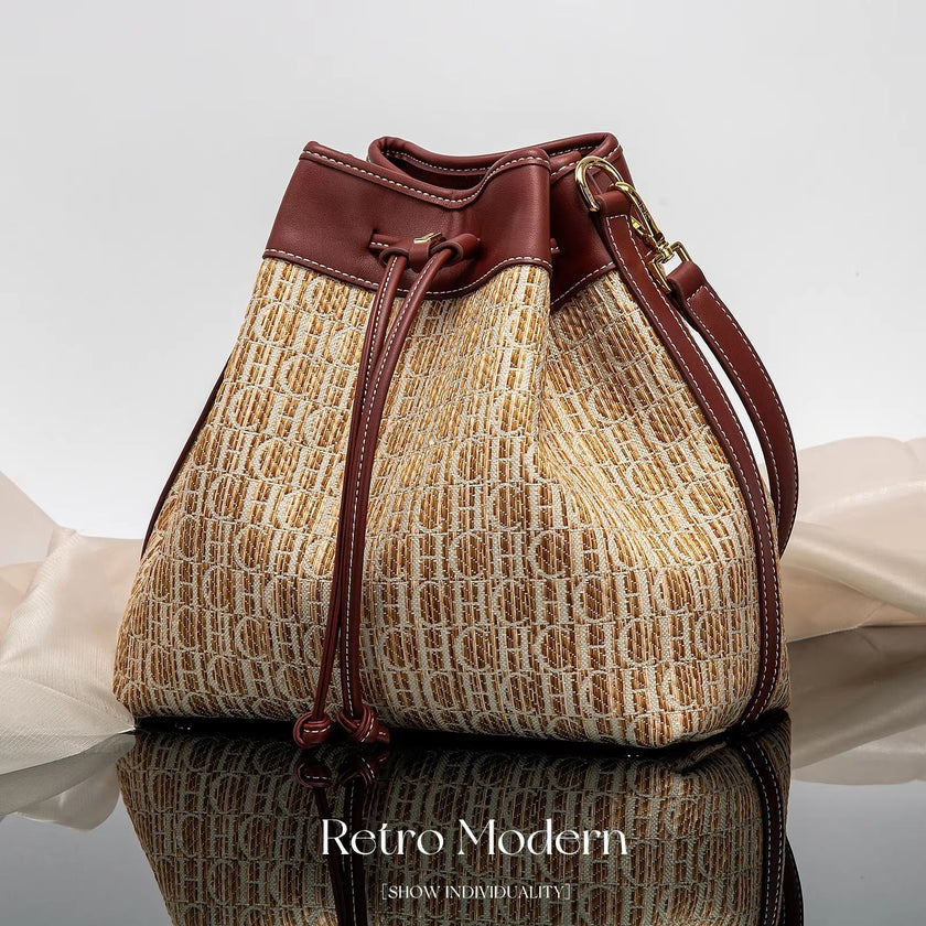 Fusion Versatile Drawstring Opening Design Bucket Bag Simple Retro Classic Style Women Bag