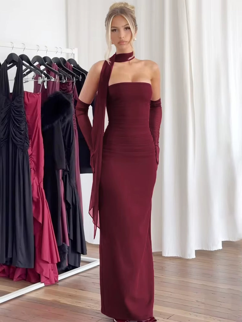 Women Party Club One Piece Wine Red Evening Dress 90S Vintage Sleeveless off Shoulder Long Dress